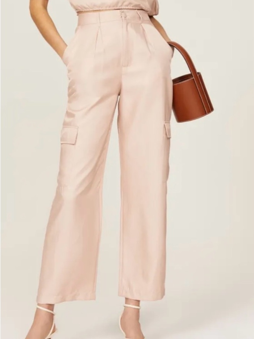 Love ,Whit Satin Cargo Trousers in Soft Blush Pink